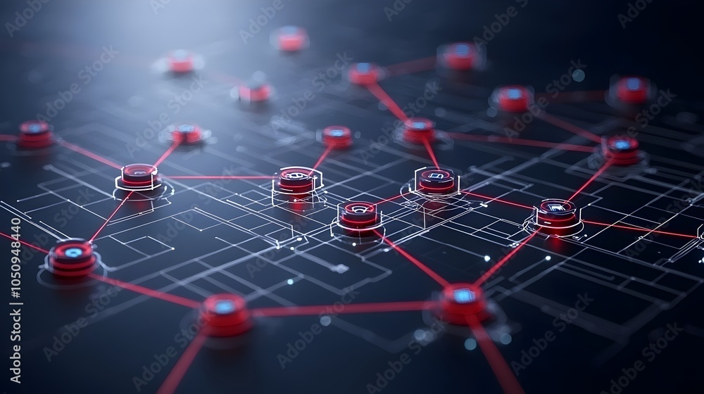 Fototapete Dynamic interactive 3D rendering of a geometric polygonal map with vibrant glowing edges and nodes symbolizing the interconnected nature of advanced technology and innovation in a digital landscape
