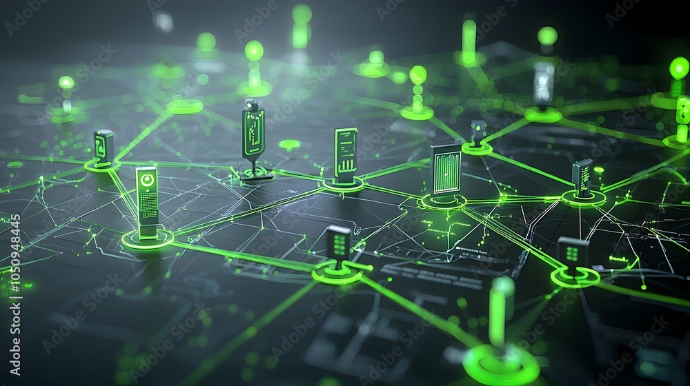 Poster Dynamic and Interactive 3D Rendering of a Geometric Polygonal Map with Vibrant Glowing Edges and Nodes Symbolizing Advanced Technology and Futuristic Innovation