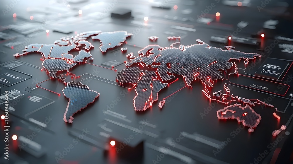 Poster Creative 3D rendering of a polygonal world map with interactive glowing connections highlighting innovation and futuristic design
