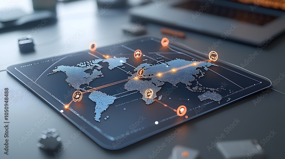 Poster Creative 3D polygonal world map rendering with interactive glowing connections highlighting innovative and futuristic digital design