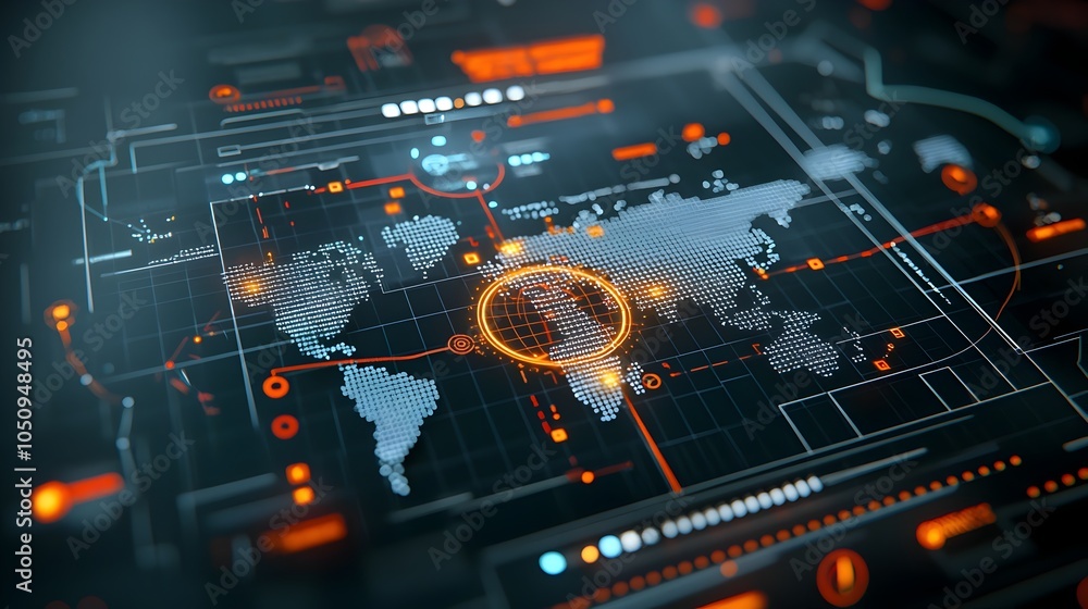 Poster Detailed polygonal map with luminous edges and glowing nodes in a 3D interactive format showcasing the growth and expansion of technological infrastructure and global connectivity
