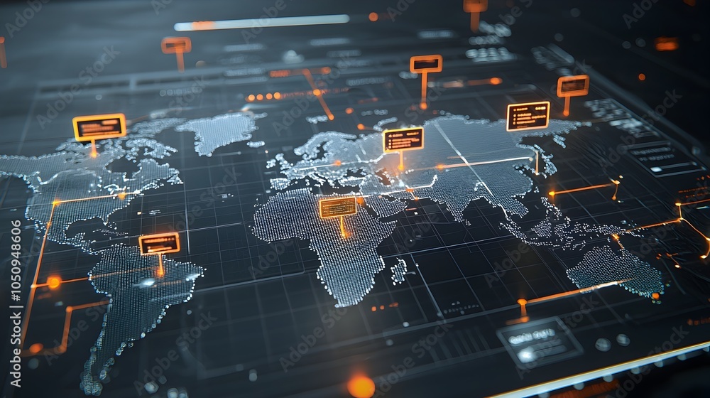 Poster vibrant polygonal 3d map showcasing futuristic network breakthroughs in global connectivity and tech