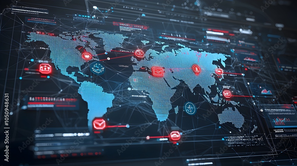 Poster Vibrant Futuristic 3D Polygonal Global Network Map with Glowing Interactive Nodes Illustrating Technological Advancements and Interconnectivity