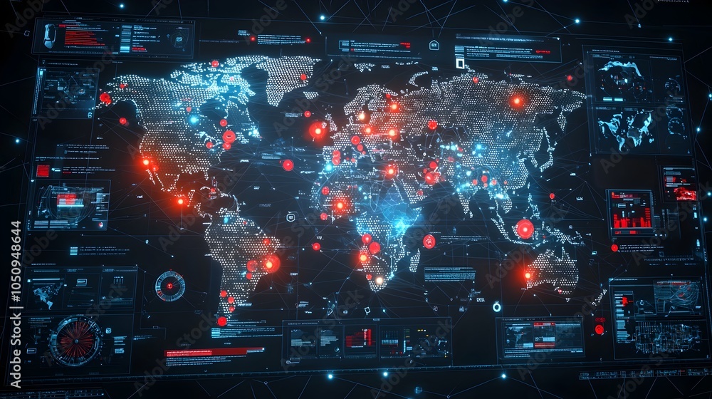 Poster Vibrant 3D polygonal map with glowing nodes and interconnected lines illustrating the dynamic and futuristic advances in global technological networks and communication systems