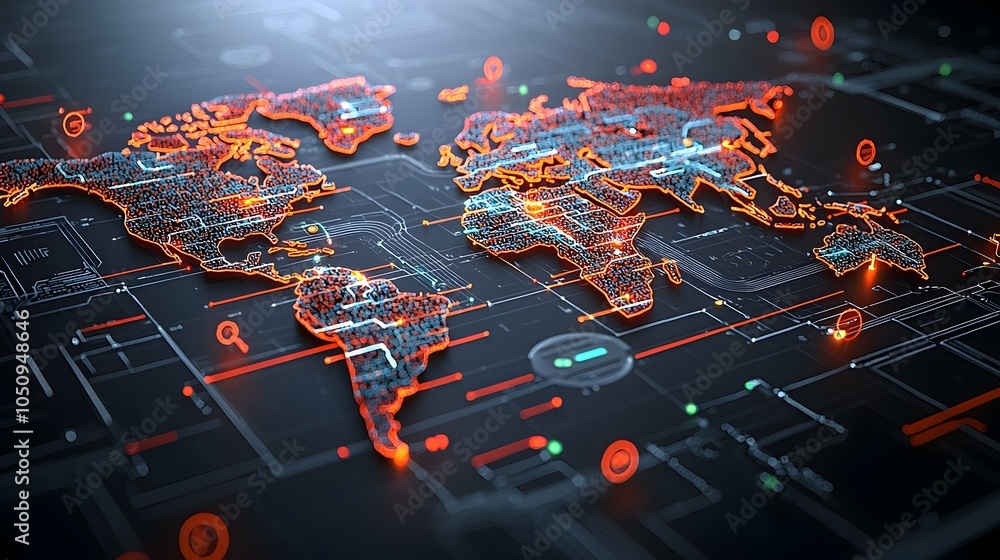 Poster Polygonal 3D world map with neon glowing lines and interactive data points representing the digital innovation and interconnected global future of technology and information