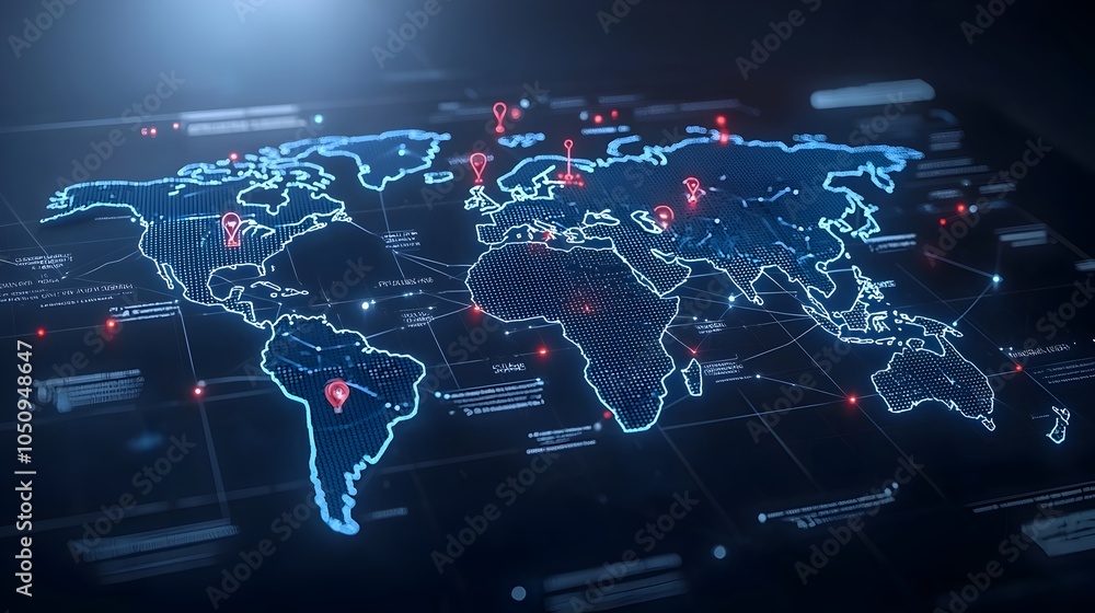 Poster Polygonal 3D World Map with Neon Glowing Lines and Interactive Points Representing the Concept of Digital Innovation Interconnectivity and a Connected Global Future