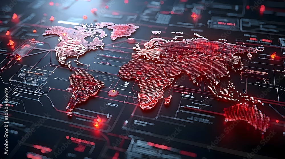 Fototapete Polygonal 3D world map with neon glowing lines and interactive points visualizing the digital innovation and interconnected global future powered by emerging technologies data networks