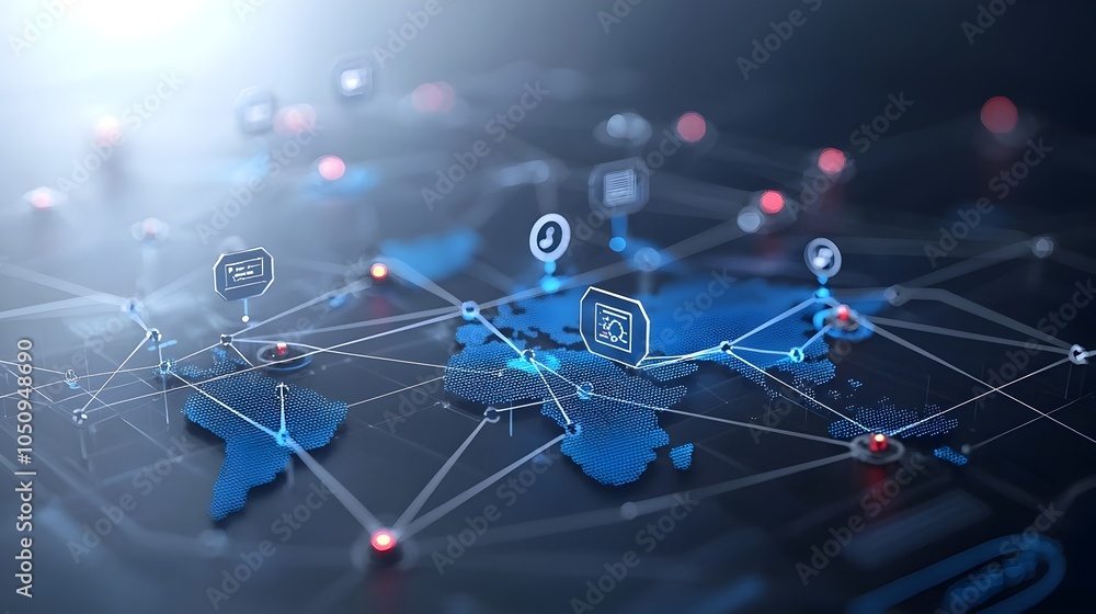 Poster Sleek 3D rendering of a geometric polygon map with glowing nodes and interactive lines symbolizing the advancement of technology and global innovation