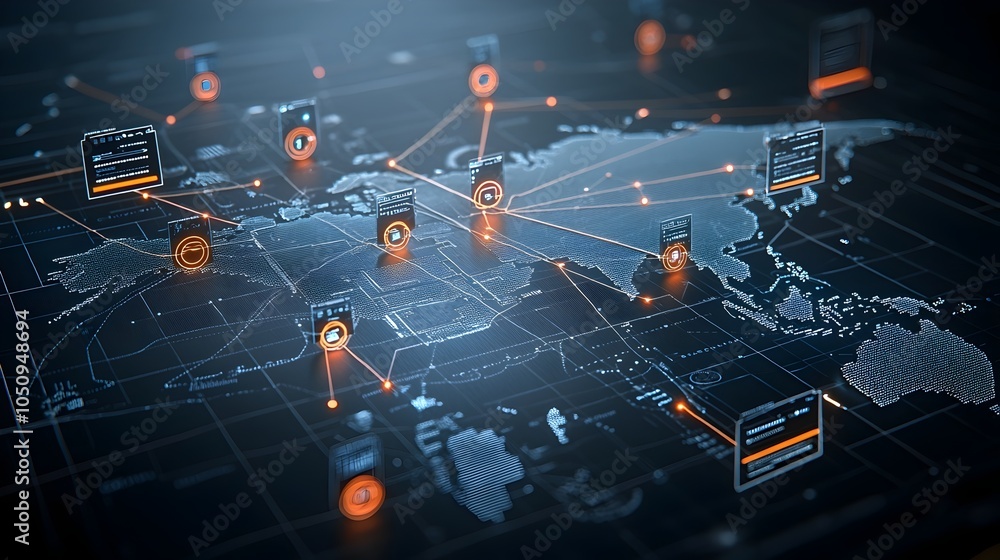 Aufkleber Sleek 3D rendering of a geometric polygon map with glowing nodes and interactive lines symbolizing technological advancement and global innovation
