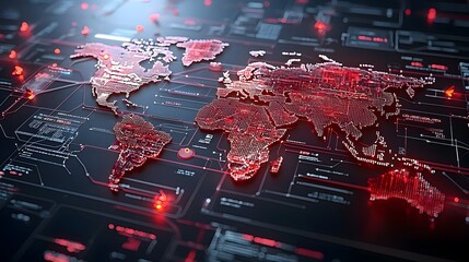Polygonal 3D world map with neon glowing lines and interactive points visualizing the digital innovation and interconnected global future powered by emerging technologies data networks