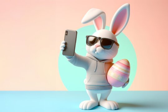 Ein stylischer Hase mit Sonnenbrille und Hoodie macht ein Selfie und h&auml;lt ein buntes Osterei, vor einem modernen pastellfarbenen Hintergrund &ndash; ideal f&uuml;r Osterkarten. Generative KI.
