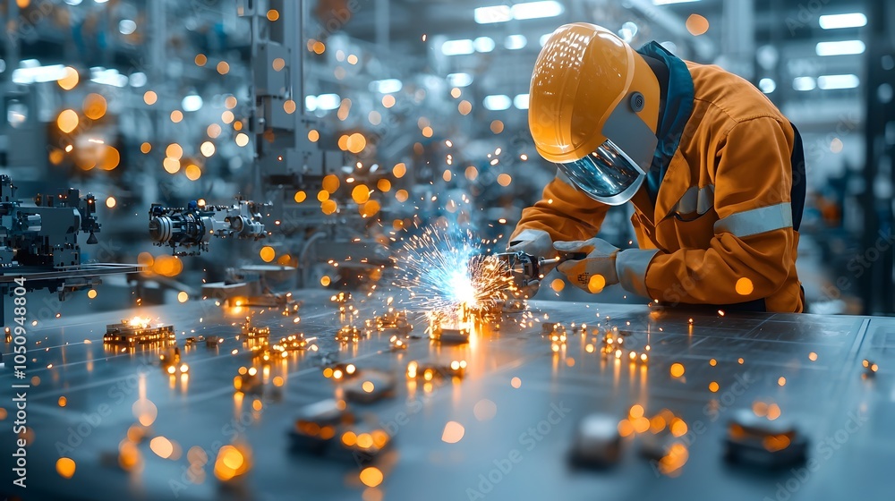 Poster skilled welder in action with glowing bokeh lights surrounding him on a dark backdrop representing t