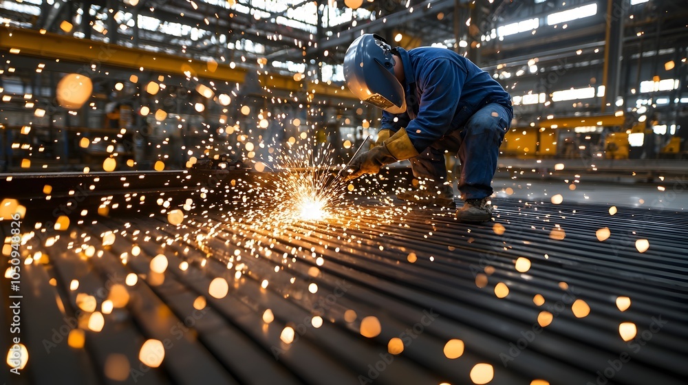 Poster skilled welder in action surrounded by glowing bokeh lights on a dark backdrop showcasing the and te
