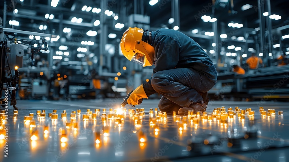Poster a skilled welder expertly handling a welding torch surrounded by a captivating display of glowing bo
