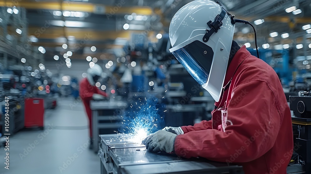 Poster a skilled welder in action surrounded by glowing bokeh lights against a dark backdrop representing t