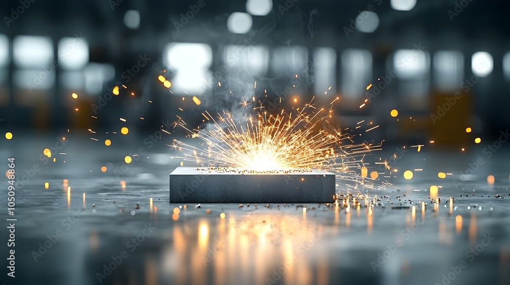 Poster focused welder working with intense precision sparks forming a warm bokeh on a black background repr