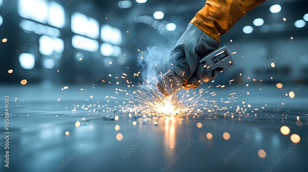 Poster skilled welder creating intricate metalwork with a shower of bright sparks and a beautiful glowing b