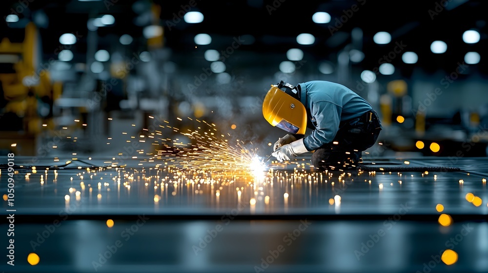 Poster skilled welder intently focused on metalwork task in the industrial setting of a shipbuilding worksh