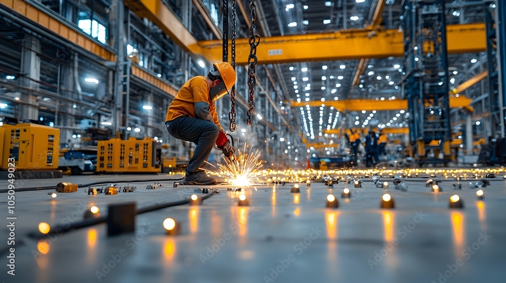 Poster skilled welder focused and surrounded by a glowing bokeh effect highlighting the industrious scene o