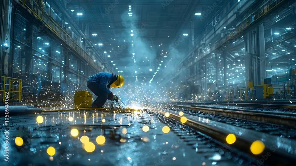 Poster skilled welder intensely focused on the intricate process of welding in a shipbuilding workshop surr
