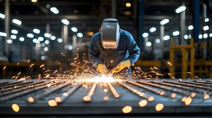 Skilled Welder Surrounded by Warm Sparks Focused on Intricate Metalwork Amid a Black Background Emphasizing the Precision and Craft of Shipbuilding