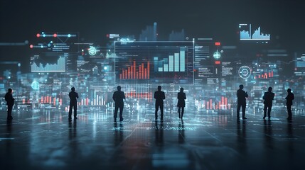 Silhouettes of people in a modern high tech environment surrounded by floating 3D data charts graphs and other interactive digital analytics tools