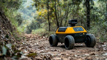 Robot equipped with gps technology navigating through dangerous terrain in search of missing individuals after a disaster