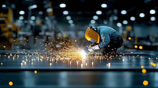 Skilled welder intently focused on metalwork task in the industrial setting of a shipbuilding workshop surrounded by a glowing bokeh effect on a dark backdrop that highlights the captivating scene