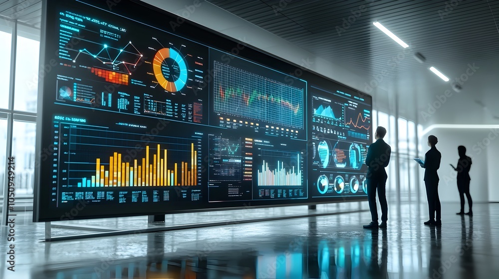 Poster Silhouetted figures standing in front of virtual data boards which display dynamic 3D graphs and charts powered by cutting edge technology creating an intelligent futuristic scene