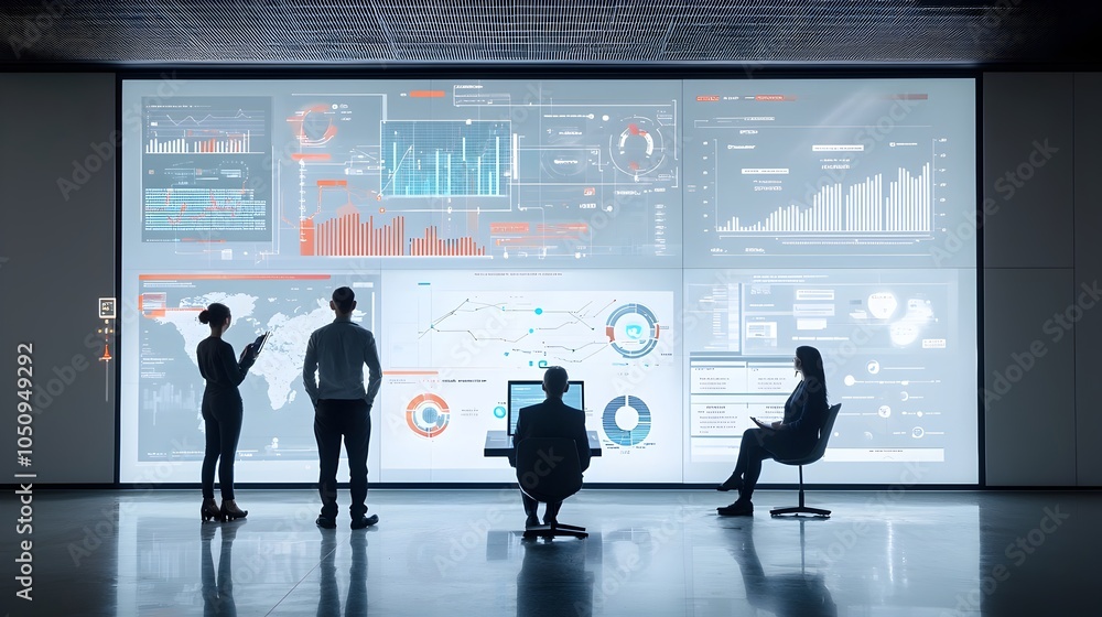 Poster Futuristic digital data screens showcasing dynamic graphs and insights for business strategy financial analytics and technological innovation