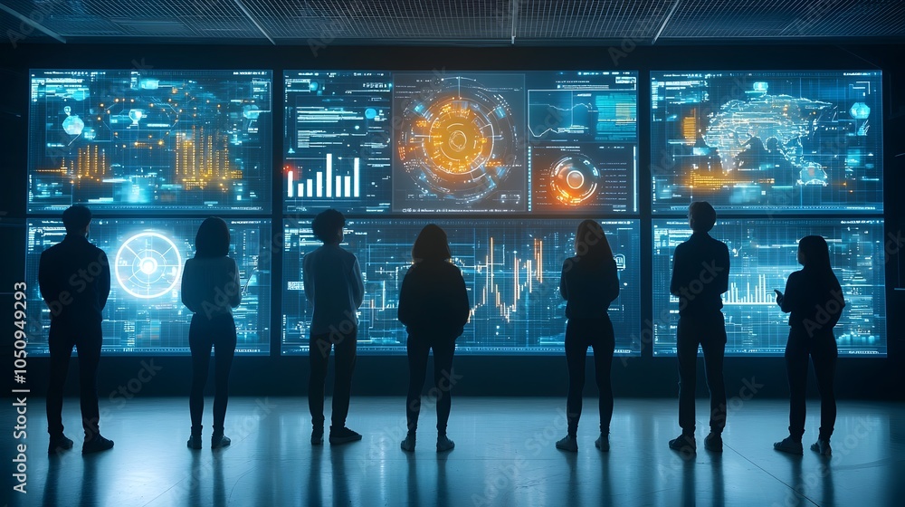 Poster A group of silhouetted human figures standing before digital screens filled with glowing data graphs and charts