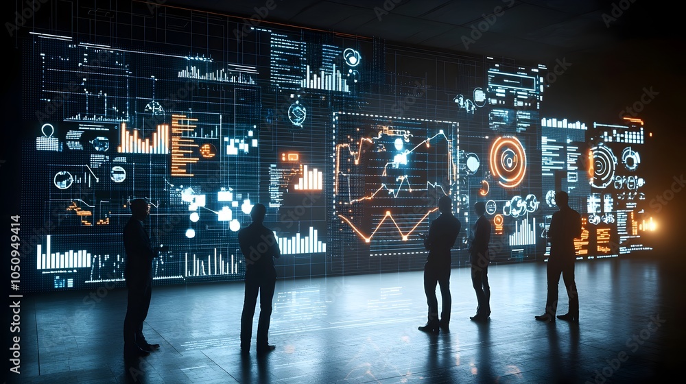 Poster Silhouettes of financial analysts surrounded by a futuristic display of glowing digital charts graphs and data visualizations