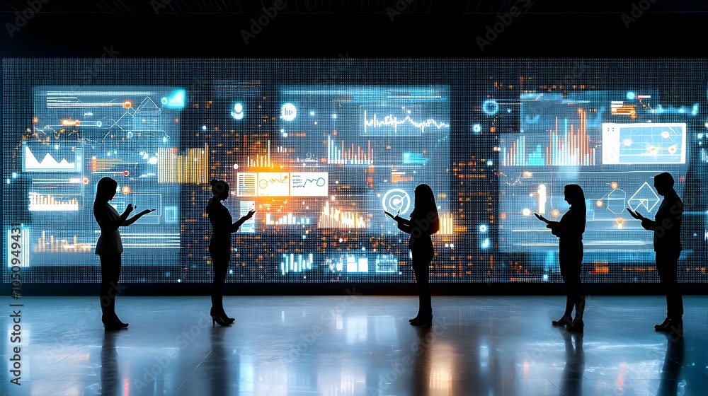 Aufkleber Silhouettes of people examining complex digital data displays with glowing interactive charts and graphs reflecting AI driven analytics and business intelligence
