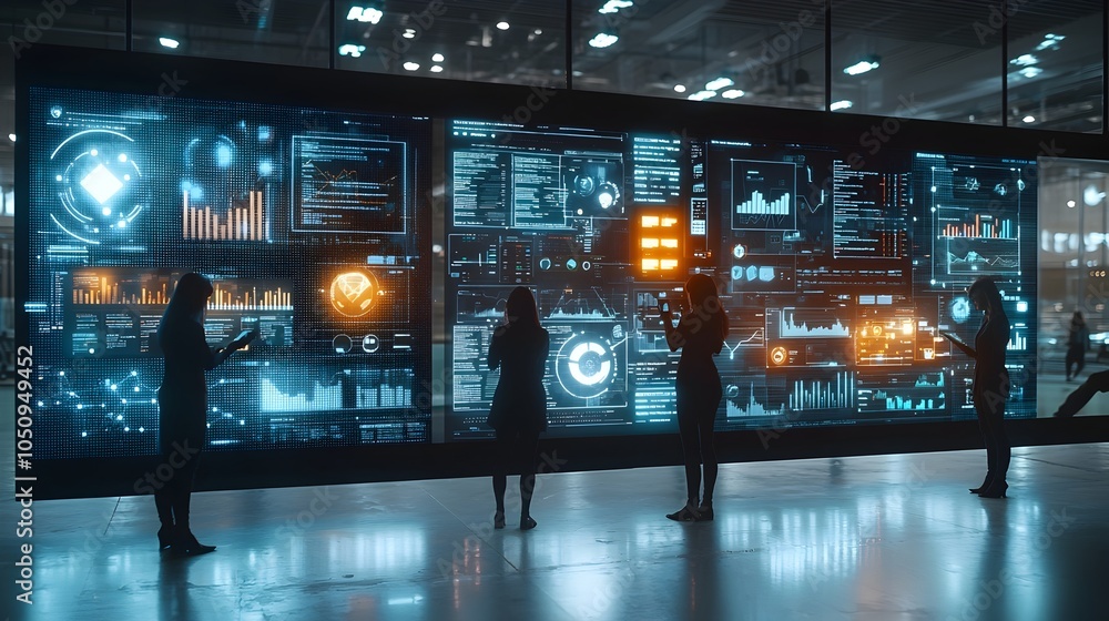 Poster Silhouette Figures Analyzing Complex Digital Data Displays with Glowing Charts and Interactive Graphs Reflecting AI Driven Insights and Analytics