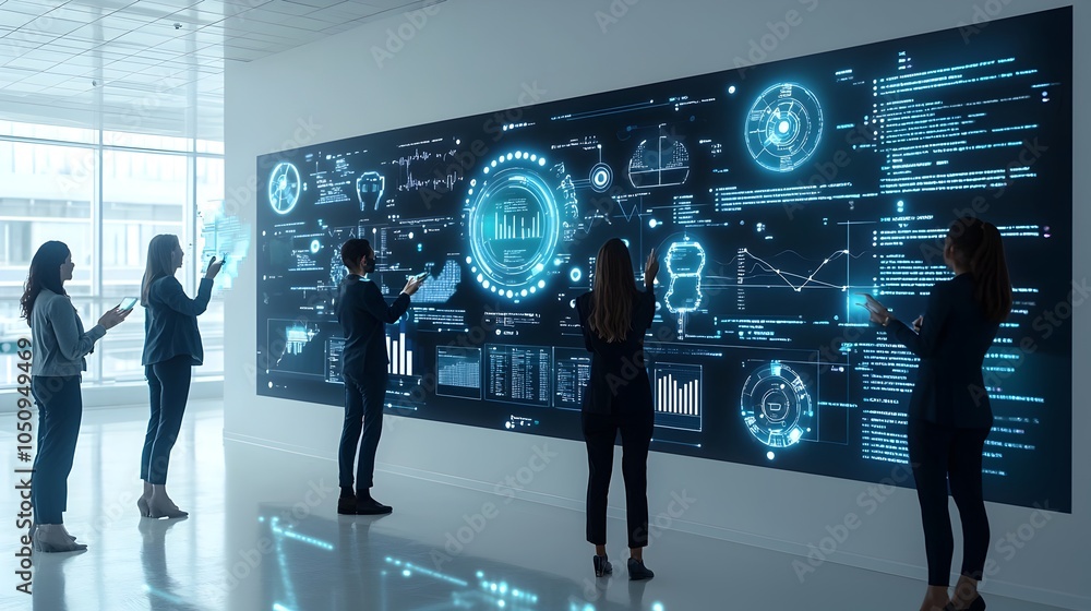 Poster Silhouettes of people interacting with advanced holographic data visualizations showcasing the fusion of intelligence technology and sophisticated data analytics in a modern minimalist style
