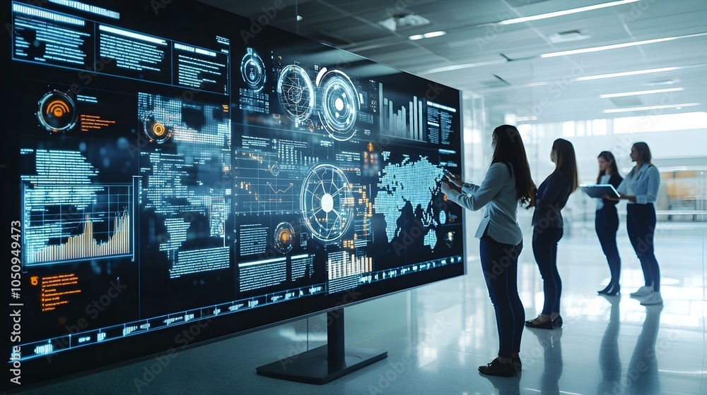 Poster Silhouetted human forms interacting with holographic data visualizations representing the convergence of advanced intelligence and cutting edge data analytics technologies