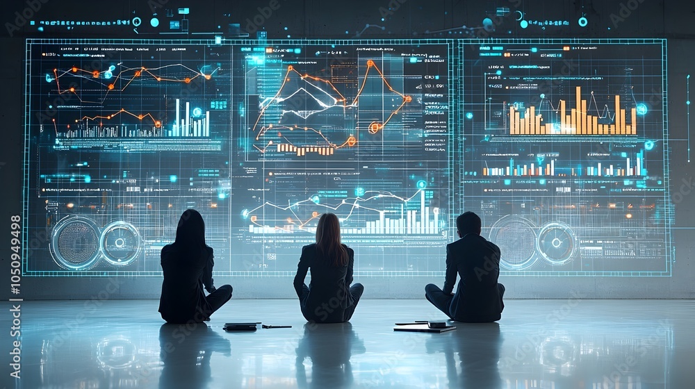 Poster Silhouetted human figures observing luminous data driven visualizations and analytics in a futuristic digitally enhanced landscape showcasing the power of intelligence and data driven insights
