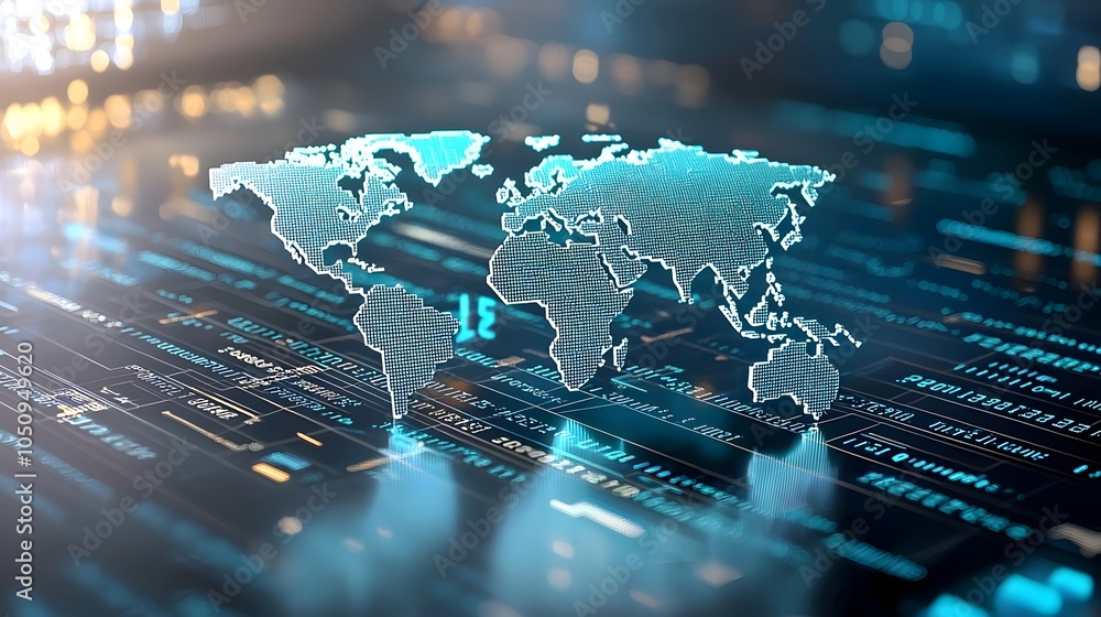 Poster Glowing Polygonal World Map Overlayed on a Flowing Binary Code Background Symbolizing Global Connectivity and Digital Innovation in 3D Rendering