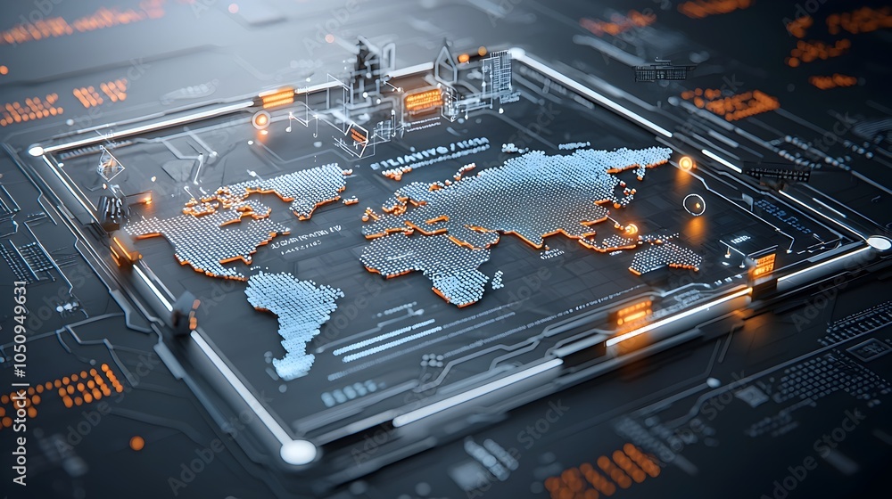 Poster Innovative Polygonal Map Design with Glowing Edges and Binary Code Background Representing Interactive Technology and Digital Transformation
