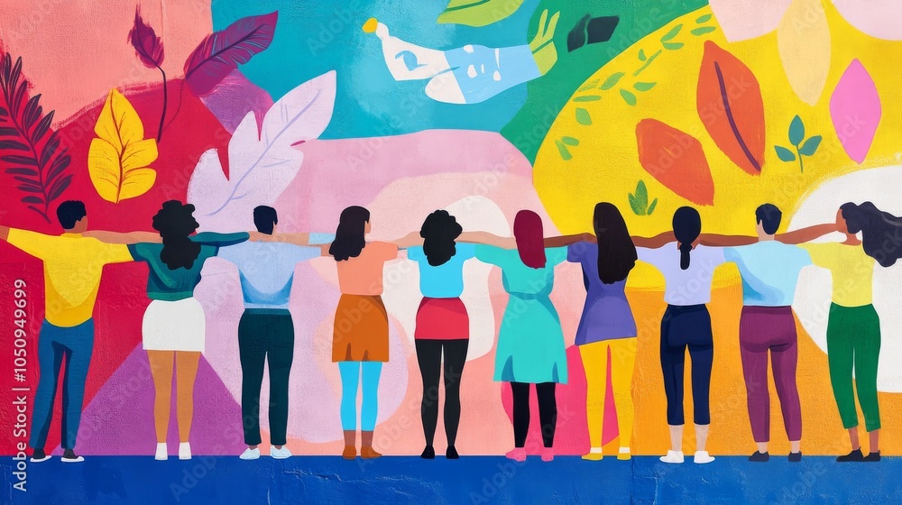 Poster an evocative visual of a diverse group of people standing together with arms linked in front of a co
