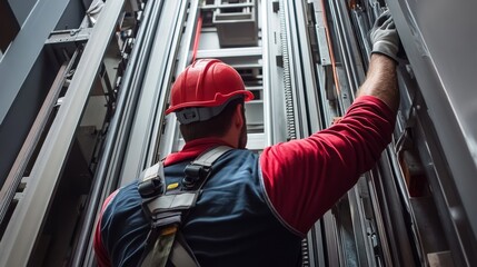 Technician installing an elevator system in a high-rise building