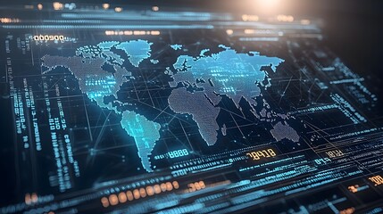 Glowing polygonal world map overlaying a flowing binary code background