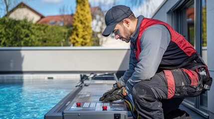 Technician installing a pool heating system at a residential property