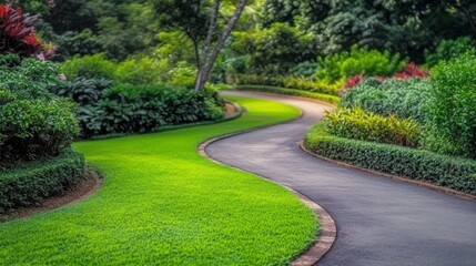 A tranquil winding path flanked by lush greenery, well-maintained lawns, and trees, creating a peaceful park atmosphere bathed in soft natural light
