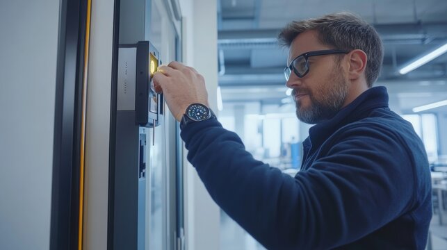 Technician installing a biometric access control system at an office entrance