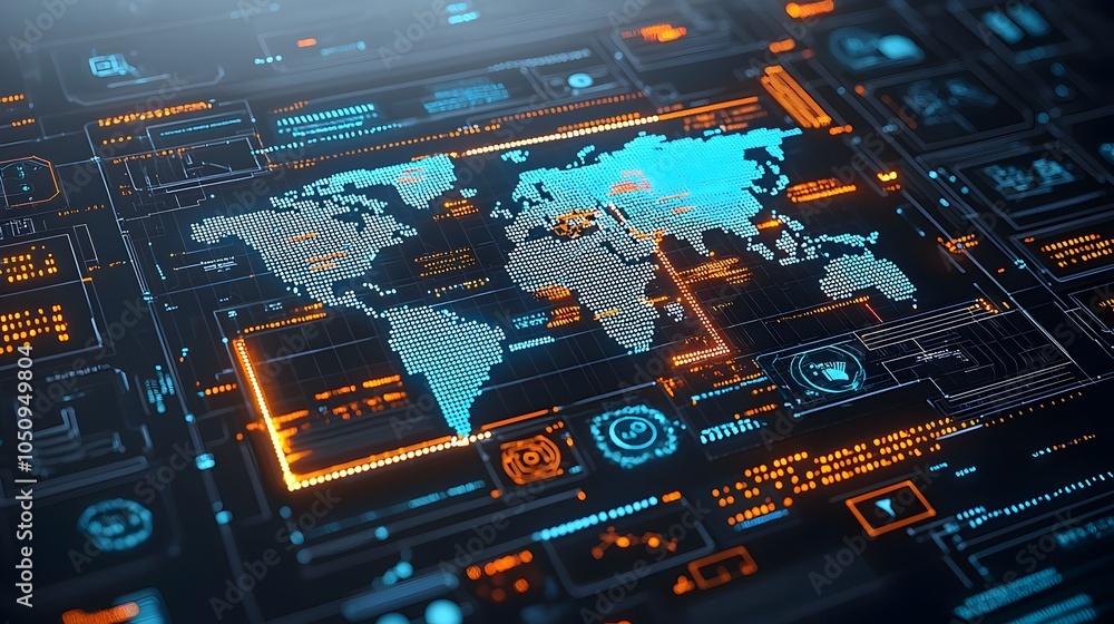 Poster Polygonal map with radiant glowing lines on a binary code screen illustrating innovative global networks and futuristic 3D interactive technology design