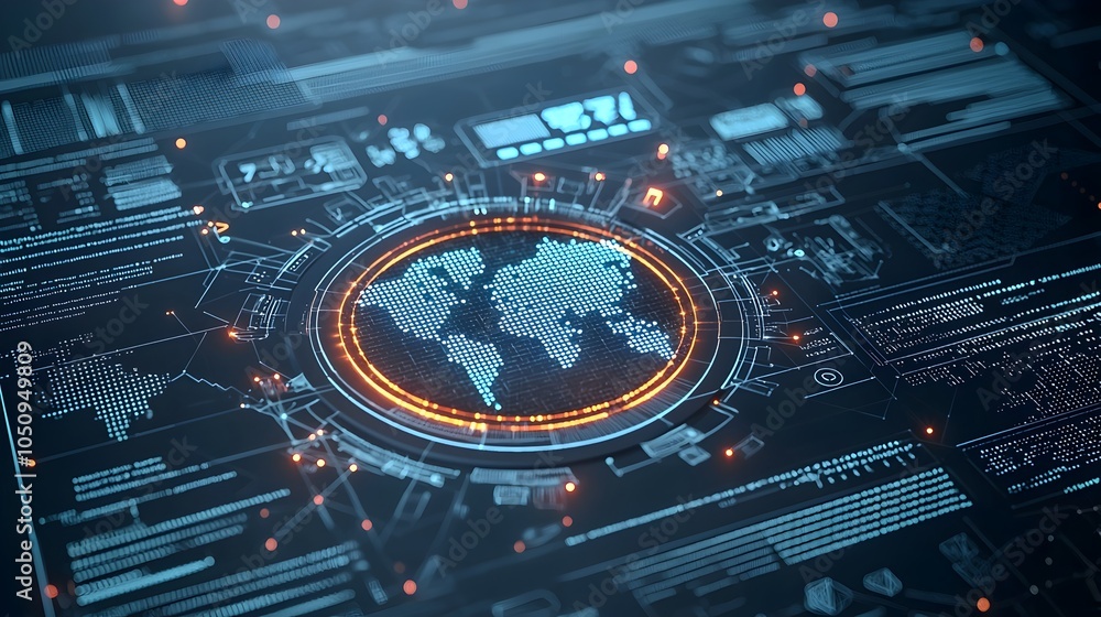 Poster Glowing Polygonal 3D Map with Matrix Binary Code Digital Innovation Background showcasing dynamic global technology and interactive data visualization