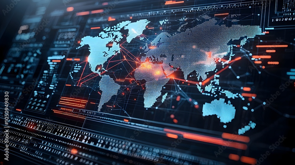 Aufkleber Innovative global networks and technology visualized in a 3D interactive polygonal map design with radiant glowing lines on a binary code screen