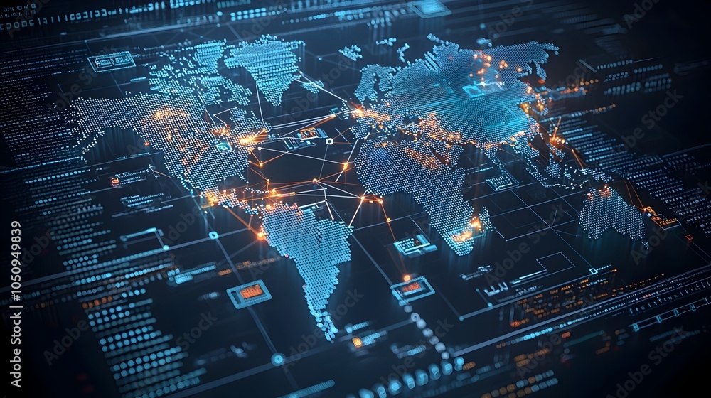 Poster futuristic polygonal 3d map with glowing digital connections showcasing global technology and innova