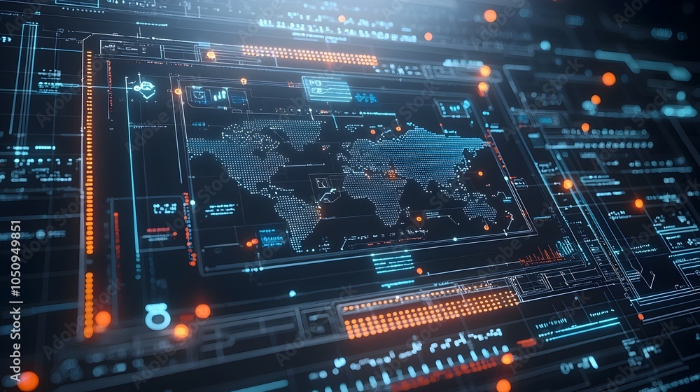 Poster Glowing Polygonal 3D Map with Binary Code Background Showcasing Global Technology and Digital Innovation Concepts